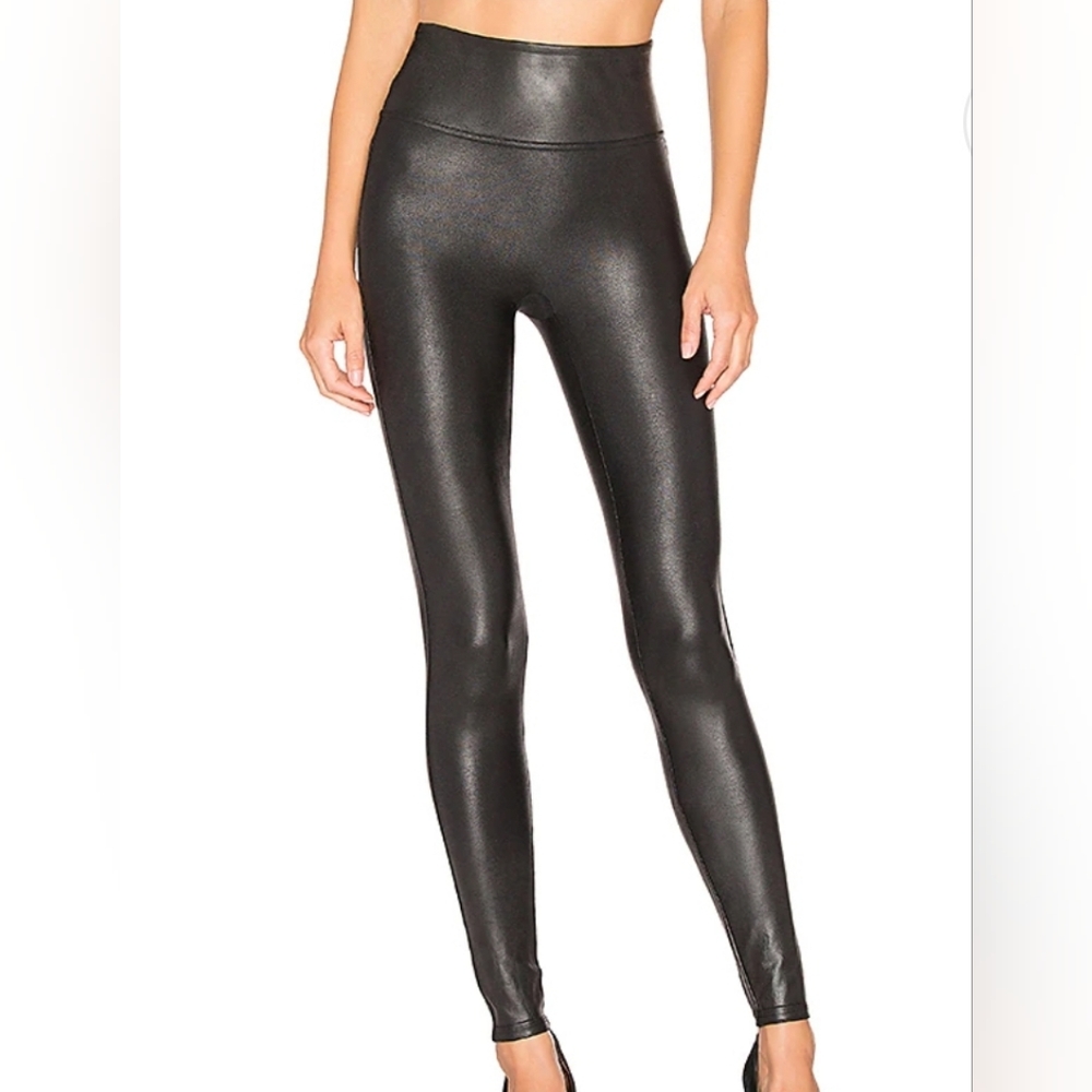 TWO SPANX Faux Leather Leggings + Camo Leggings in Black size Small (Unworn)